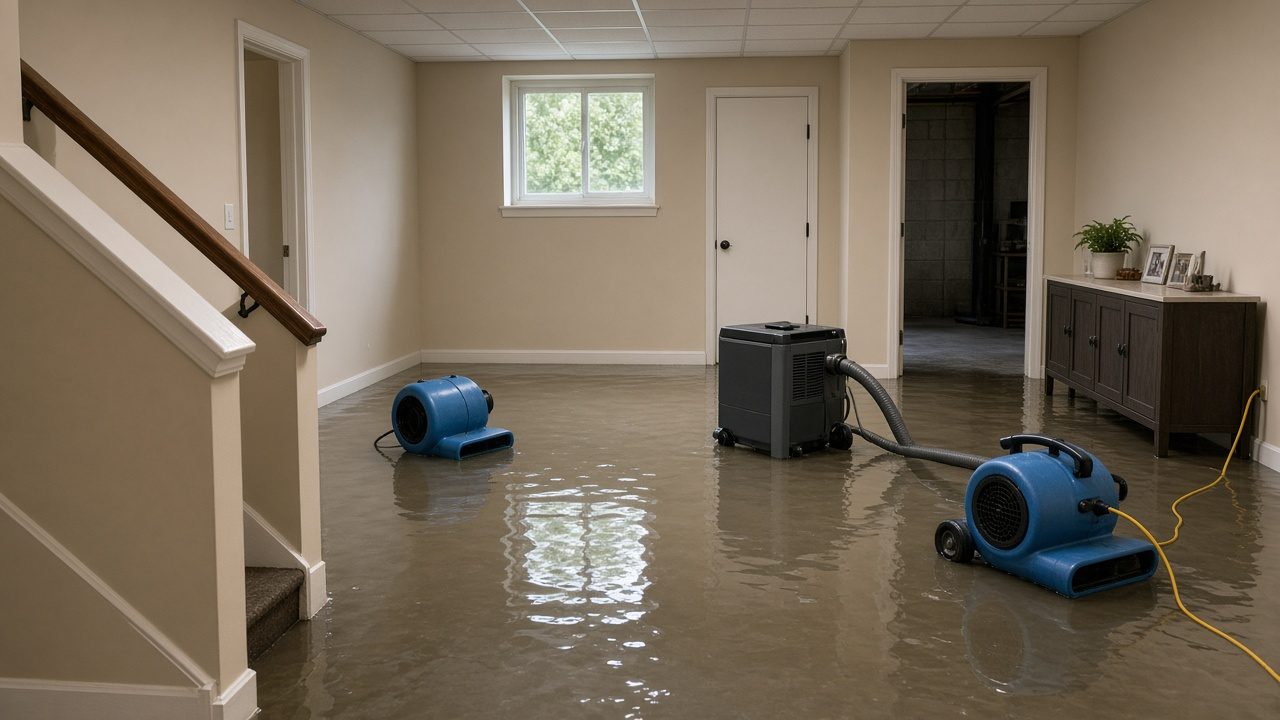 Flooded finished basement with standing water and blue air movers in a Hagerstown-area home