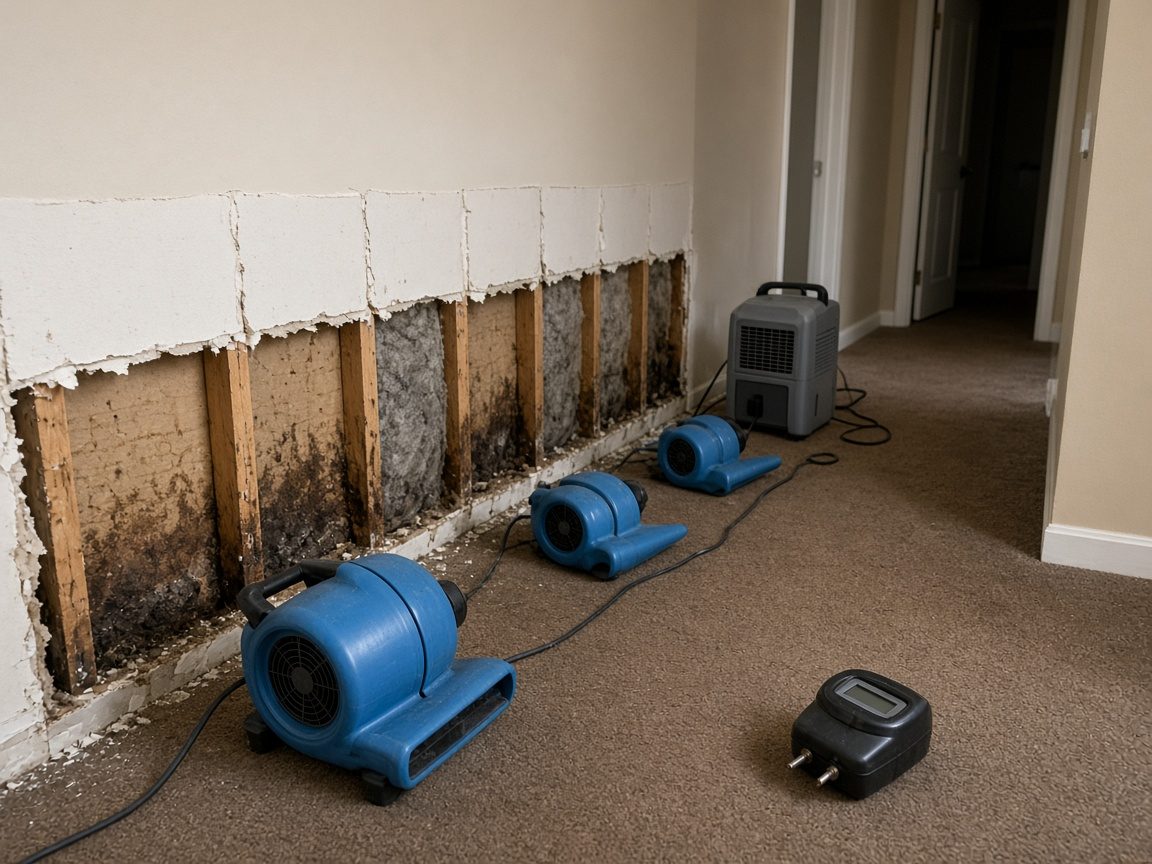 Air movers drying a basement after wet drywall was cut away